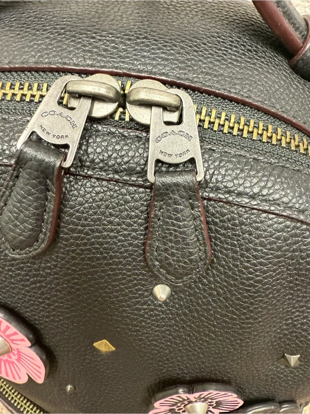 Black Tea Rose Appliqué Leather Backpack